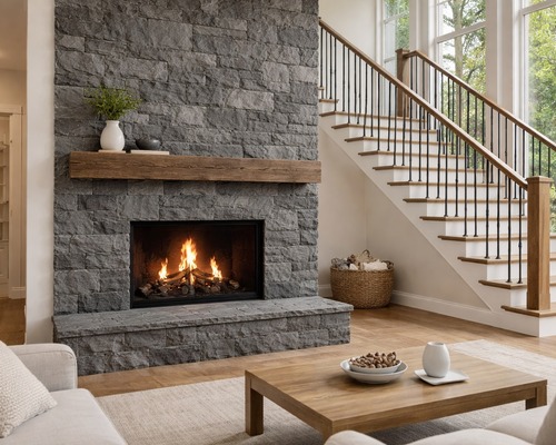 Raven Hill stone veneer fireplace surround with a wood mantel beside a staircase.