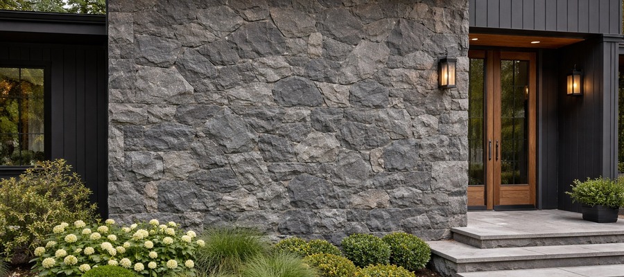 Raven Hill stone veneer on the exterior entry wall of a modern home.