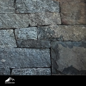 Farmhouse Blend Ashlar close-up stone image with Green Mountain Veneer logo footer