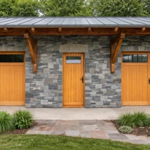 Old Chester Granite mixed-cut double garage stone veneer installation