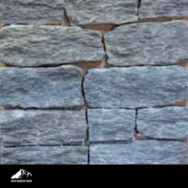 Quaker Hill Grey Blend Ashlar close-up stone image with Green Mountain Veneer logo footer