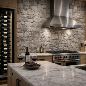 Quaker Hill Grey Blend mixed-cut kitchen stone veneer installation
