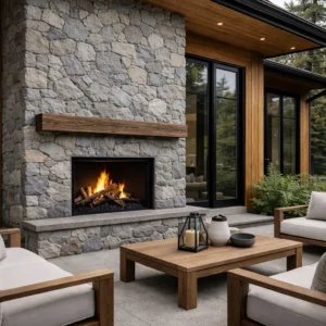 Quaker Hill Grey Blend Mosaic Fireplace Outdoor Living Space