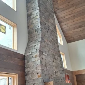 Quaker Hill Grey Blend stone fireplace installation