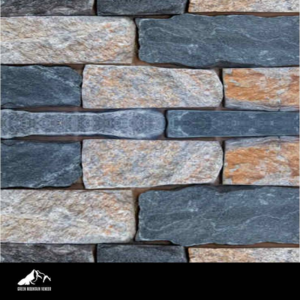 Vermont Blend Ledge close-up stone image with Green Mountain Veneer logo footer