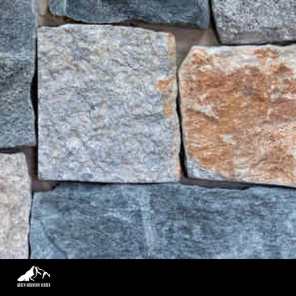 Vermont Blend Square & Rect close-up stone image with Green Mountain Veneer logo footer